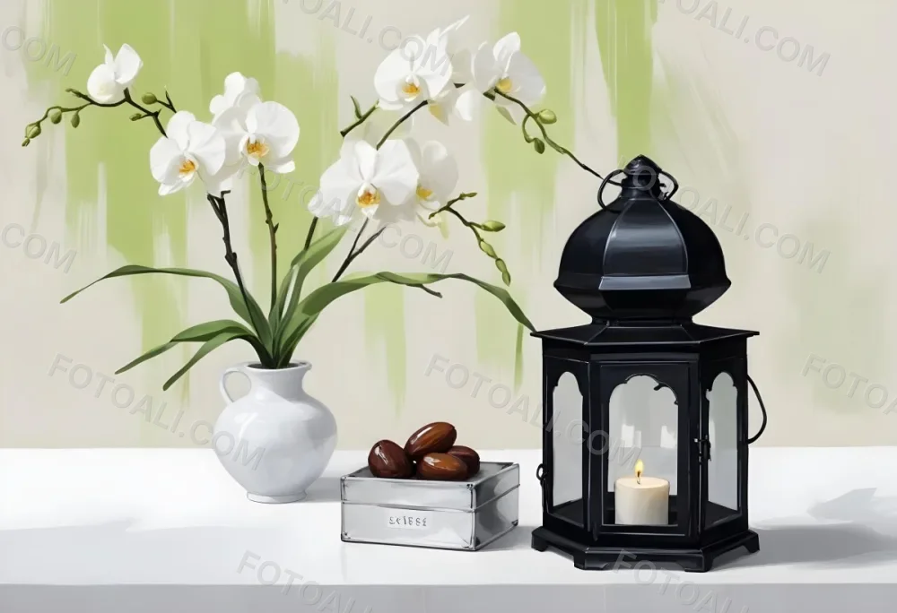 A Black Lantern And A Silver Box With Dates On A White Table White Orchids With Green Stems In The Background 11 7a16