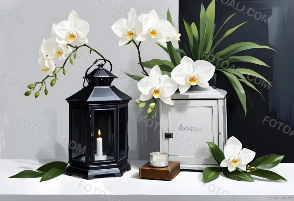 A Black Lantern And A Silver Box With Dates On A White Table White Orchids With Green Stems In The Background 12 9123