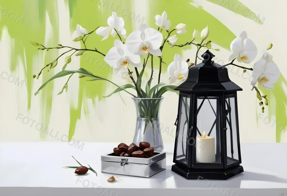 A Black Lantern And A Silver Box With Dates On A White Table White Orchids With Green Stems In The Background 15 20dd