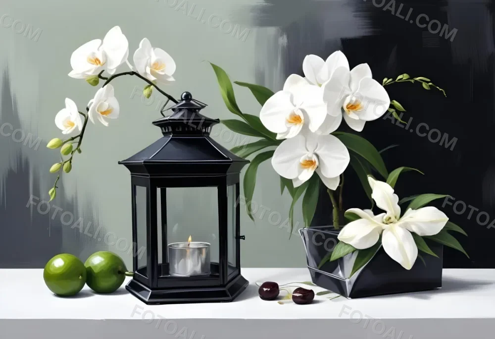 A Black Lantern And A Silver Box With Dates On A White Table White Orchids With Green Stems In The Background 16 2970