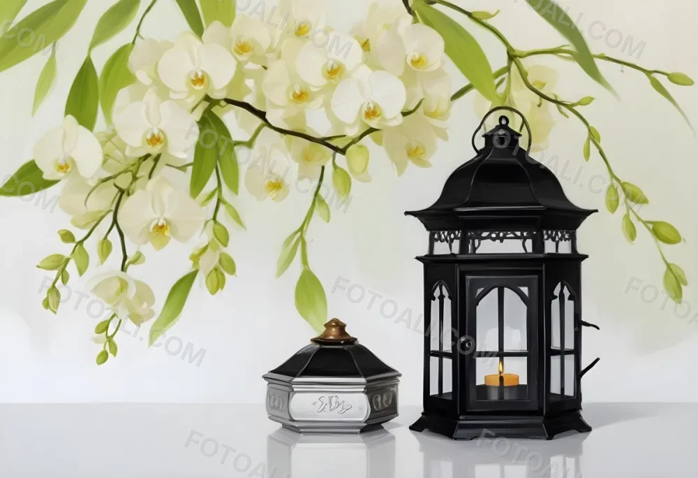 A Black Lantern And A Silver Box With Dates On A White Table White Orchids With Green Stems In The Background 17 C2a6