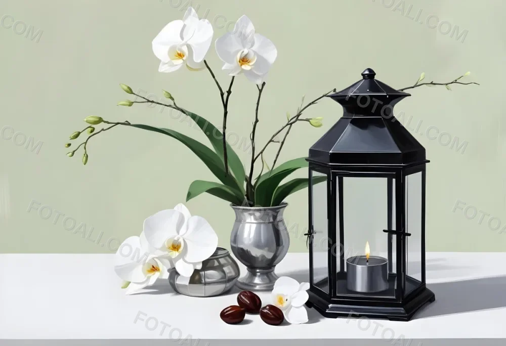 A Black Lantern And A Silver Box With Dates On A White Table White Orchids With Green Stems In The Background 18 C808