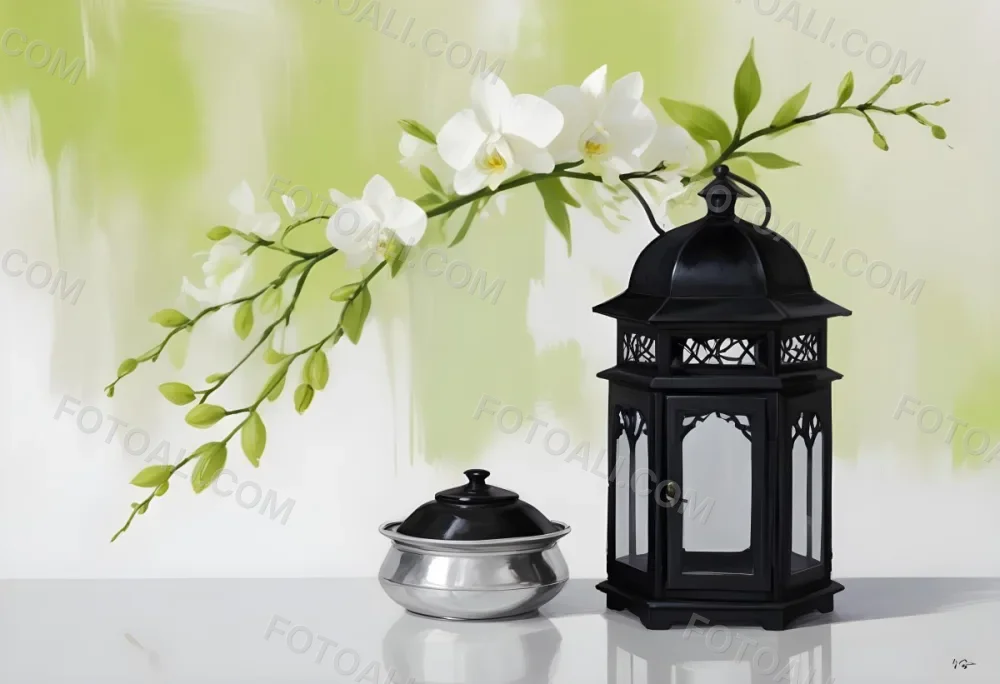 A Black Lantern And A Silver Box With Dates On A White Table White Orchids With Green Stems In The Background 22 9638