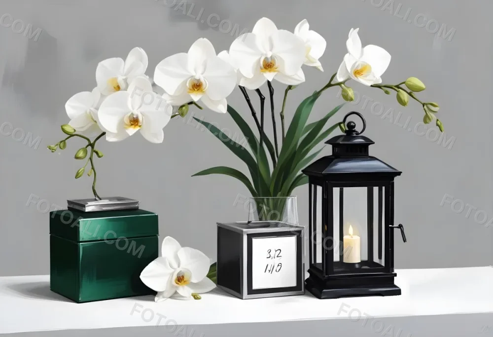 A Black Lantern And A Silver Box With Dates On A White Table White Orchids With Green Stems In The Background 4 Aa81