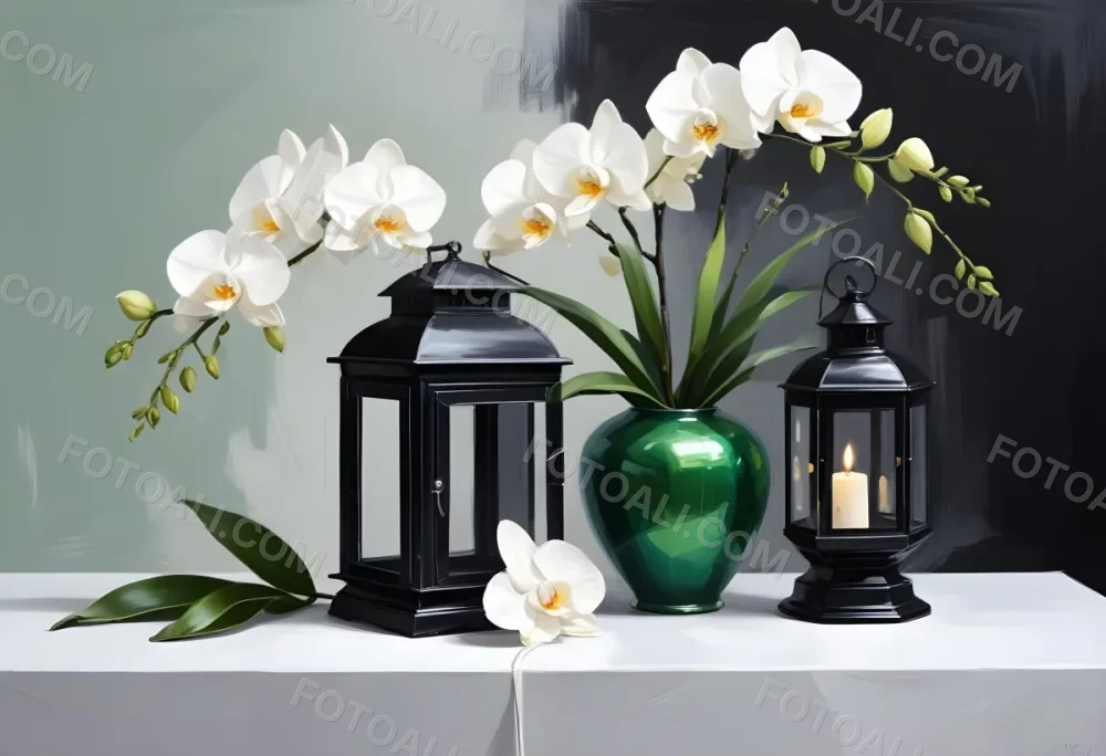 A Black Lantern And A Silver Box With Dates On A White Table White Orchids With Green Stems In The Background 6 4220