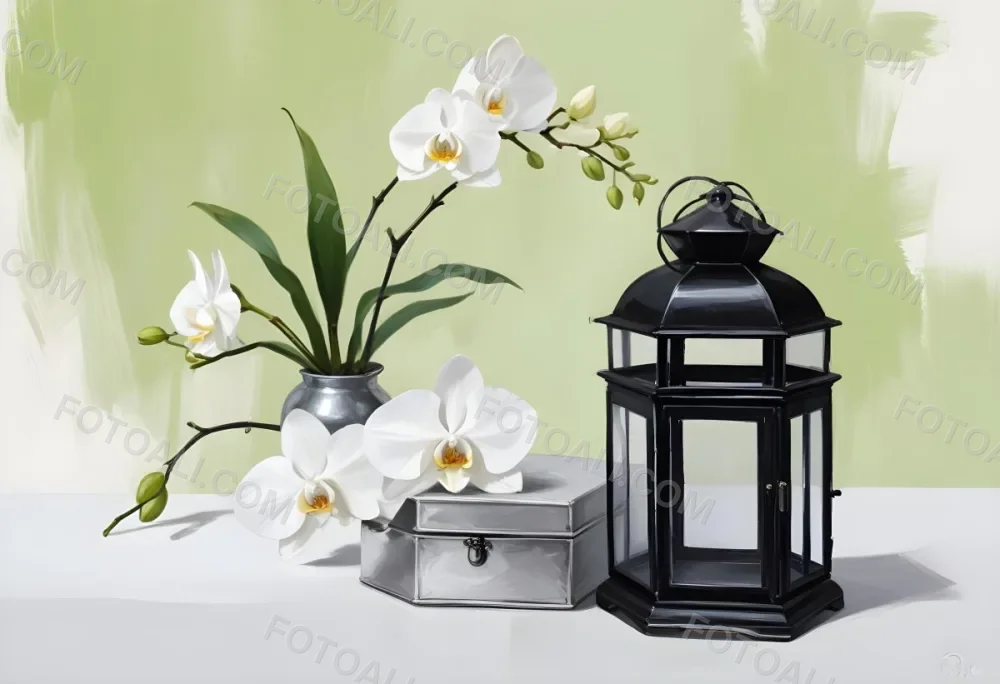 A Black Lantern And A Silver Box With Dates On A White Table White Orchids With Green Stems In The Background 7 9ef7