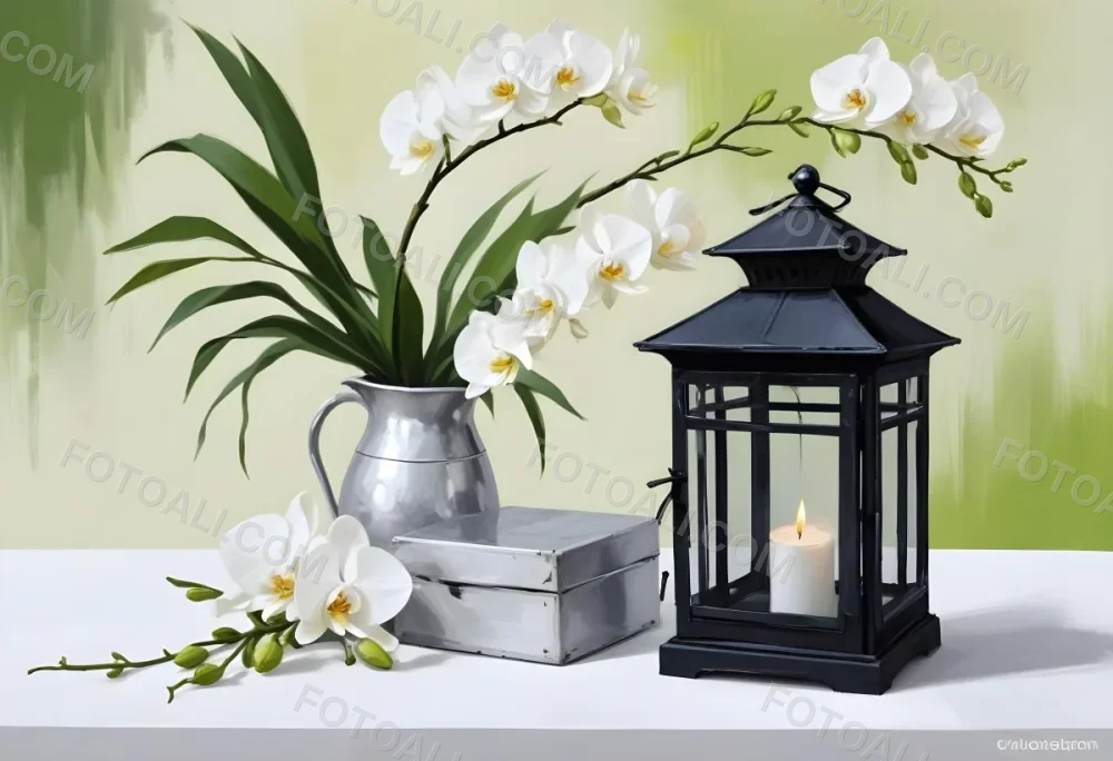 A Black Lantern And A Silver Box With Dates On A White Table White Orchids With Green Stems In The Background 8 74c0