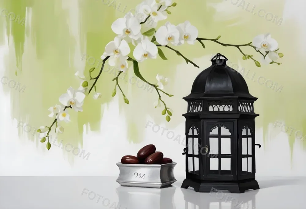 A Black Lantern And A Silver Box With Dates On A White Table White Orchids With Green Stems In The Background 9 1bf6