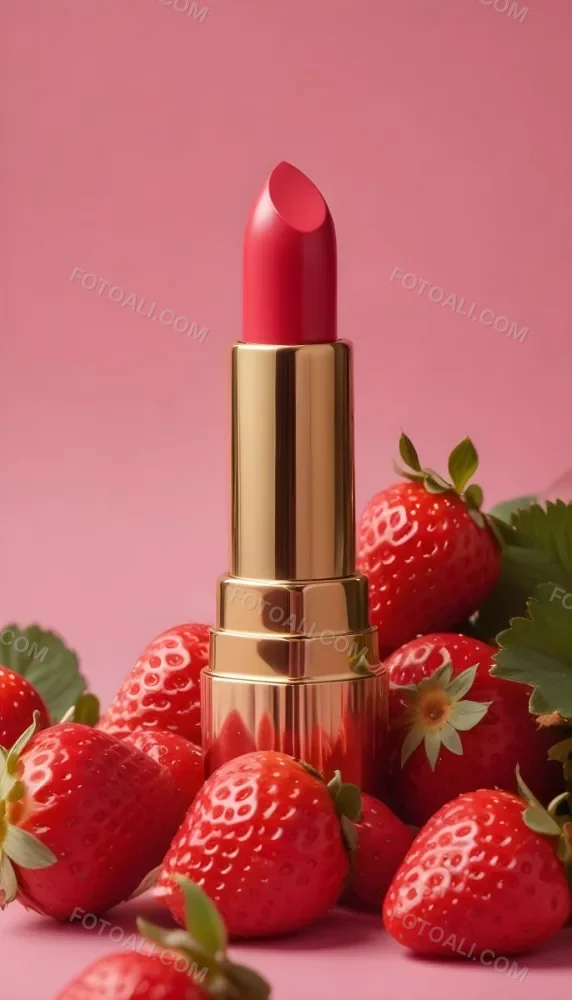 A Black Lipstick With A Pink Container Surrounded By Strawberries Black Background 10 59c3