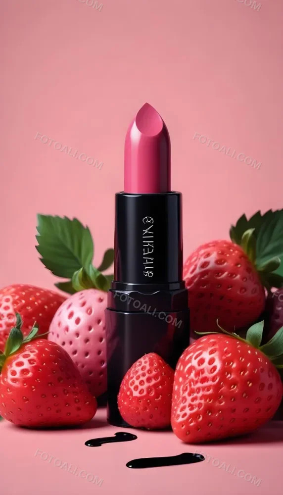 A Black Lipstick With A Pink Container Surrounded By Strawberries Black Background 25 0348