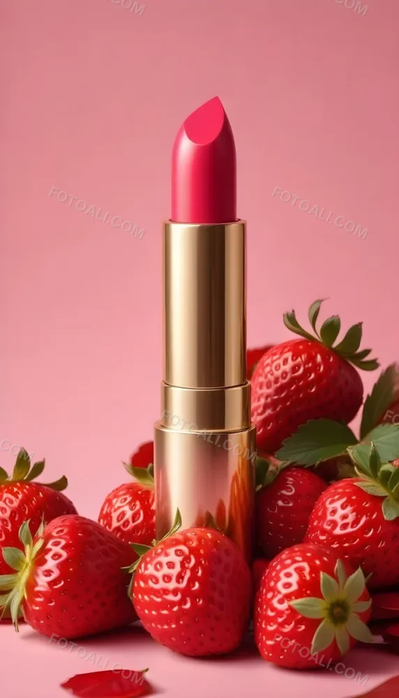 A Black Lipstick With A Pink Container Surrounded By Strawberries Black Background 3 D02a