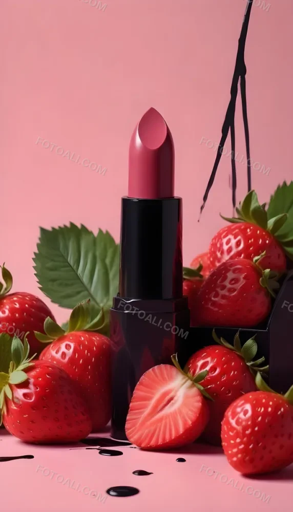 A Black Lipstick With A Pink Container Surrounded By Strawberries Black Background 33 B563