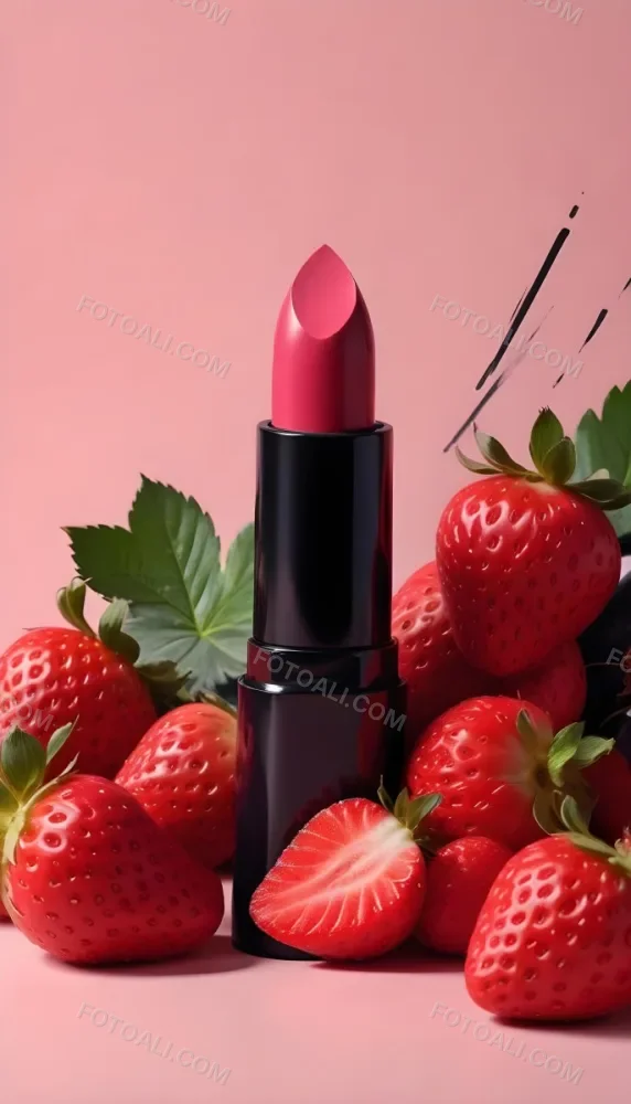 A Black Lipstick With A Pink Container Surrounded By Strawberries Black Background 41 4ab7