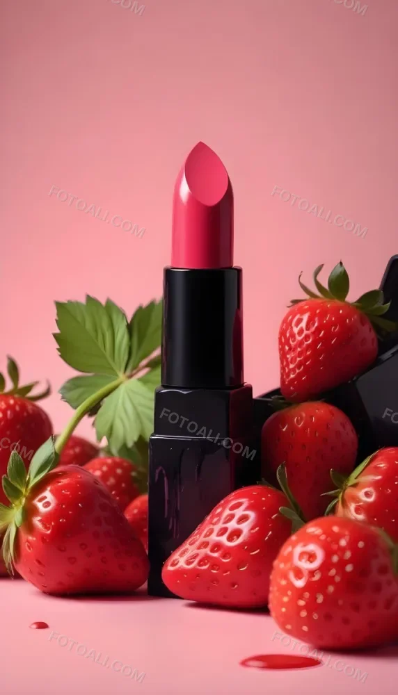 A Black Lipstick With A Pink Container Surrounded By Strawberries Black Background 42 Dff1