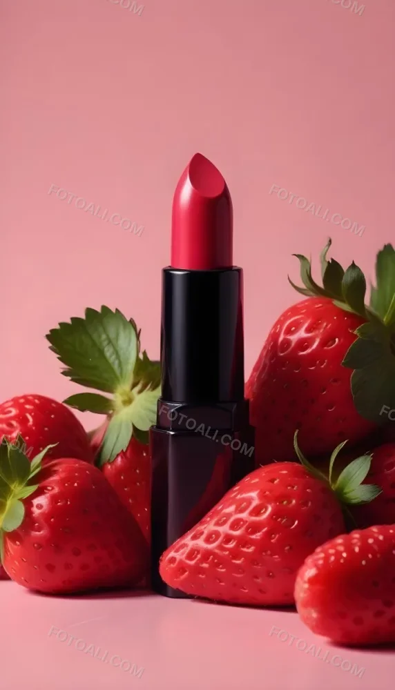 A Black Lipstick With A Pink Container Surrounded By Strawberries Black Background 44 9ff8