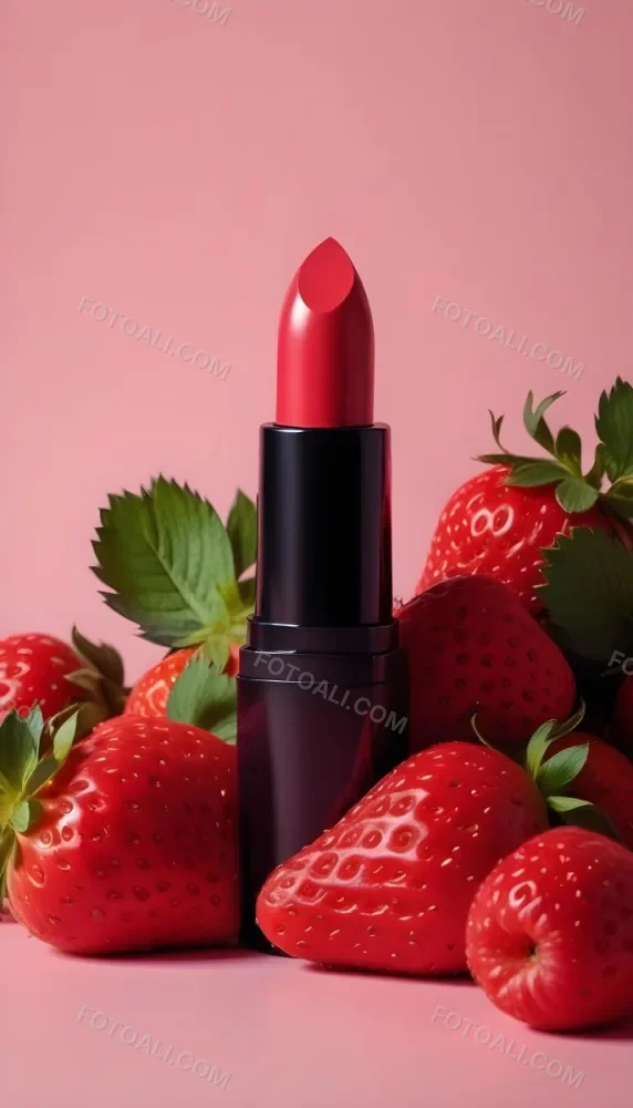 A Black Lipstick With A Pink Container Surrounded By Strawberries Black Background 46 0b42