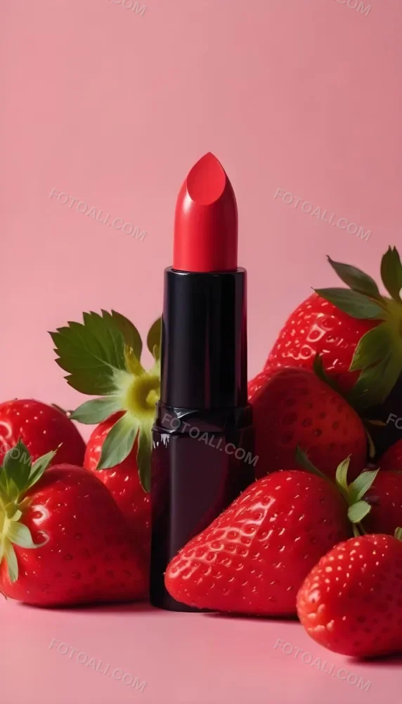 A Black Lipstick With A Pink Container Surrounded By Strawberries Black Background 47 665c