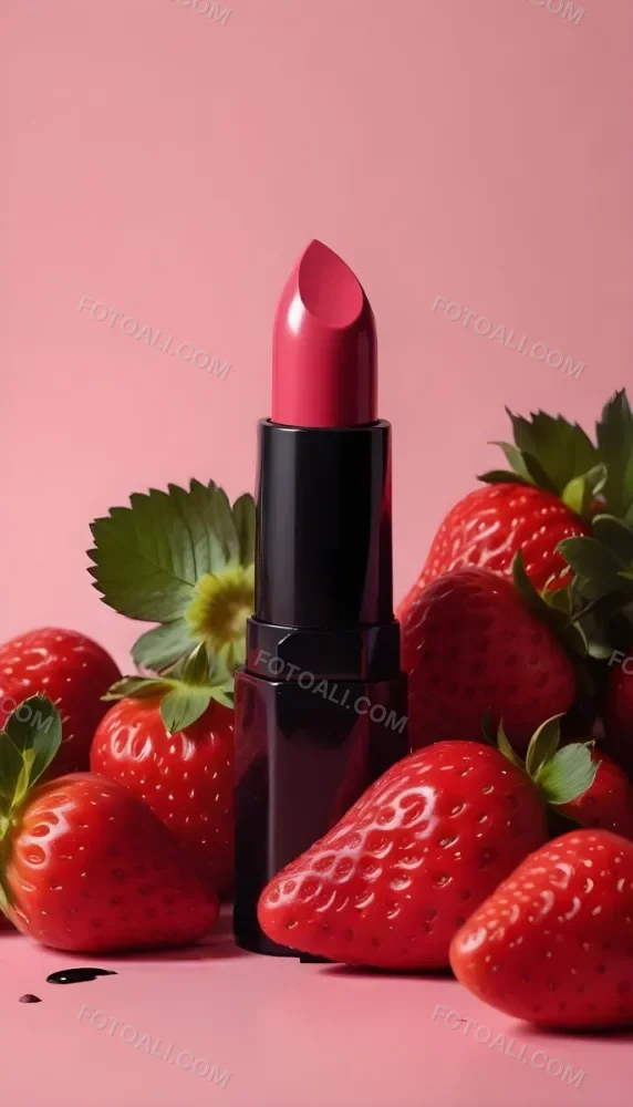 A Black Lipstick With A Pink Container Surrounded By Strawberries Black Background 48 32e6