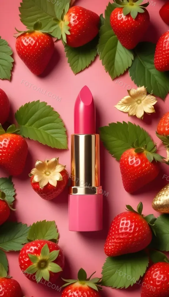 A Black Lipstick With A Pink Container Surrounded By Strawberries Black Background 5 45d4
