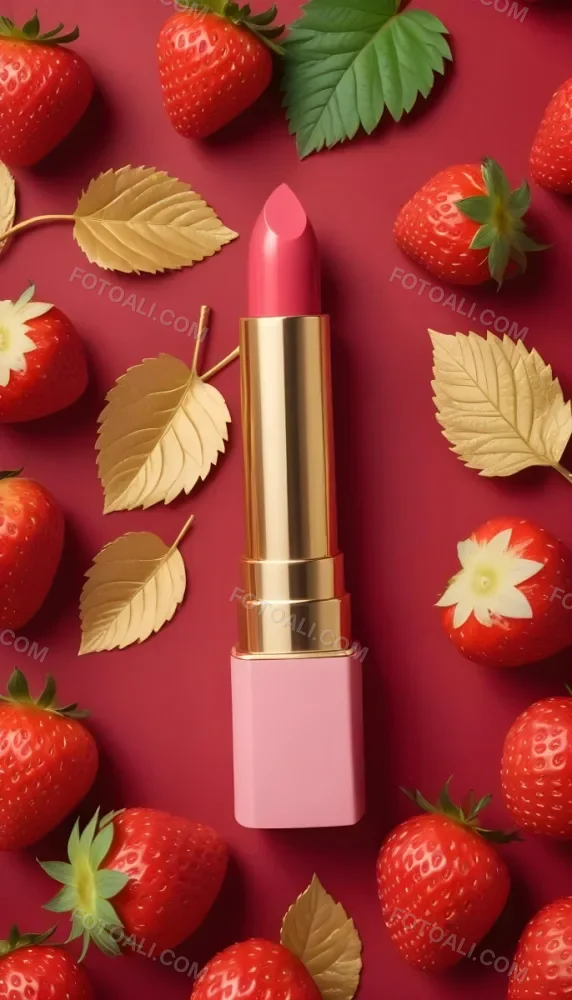 A Black Lipstick With A Pink Container Surrounded By Strawberries Black Background 6 9299