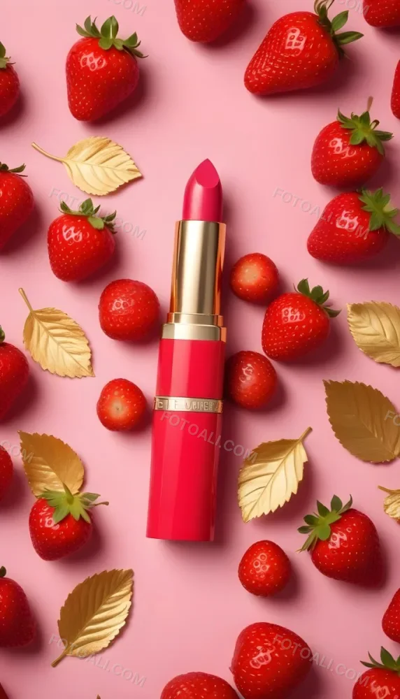 A Black Lipstick With A Pink Container Surrounded By Strawberries Black Background 7 A3fc
