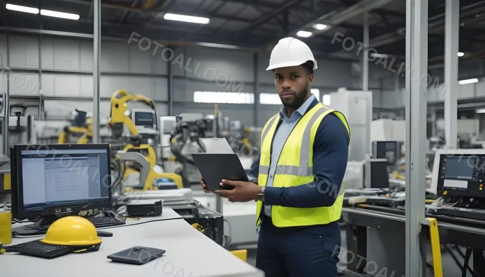 A Black Man 30 Years Old With A Yellow Helmet And White Vest Holding A Laptop In A Factory With Machinery And Computers 1 42ec