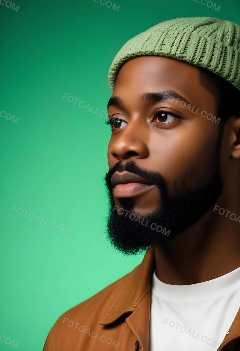 A Black Man 35 Years Old With A Beard And A Green Hat Looking To The Right On A Black Background 10 D21a