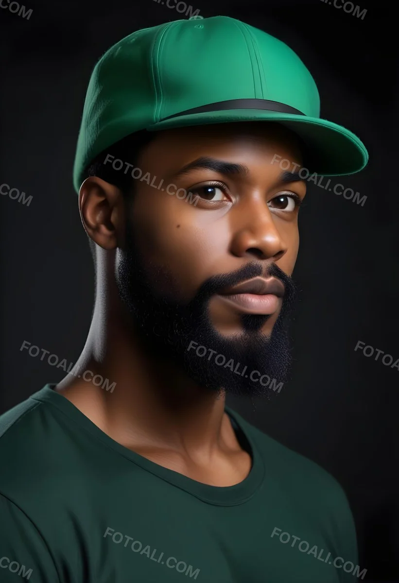 A Black Man 35 Years Old With A Beard And A Green Hat Looking To The Right On A Black Background 11 1877