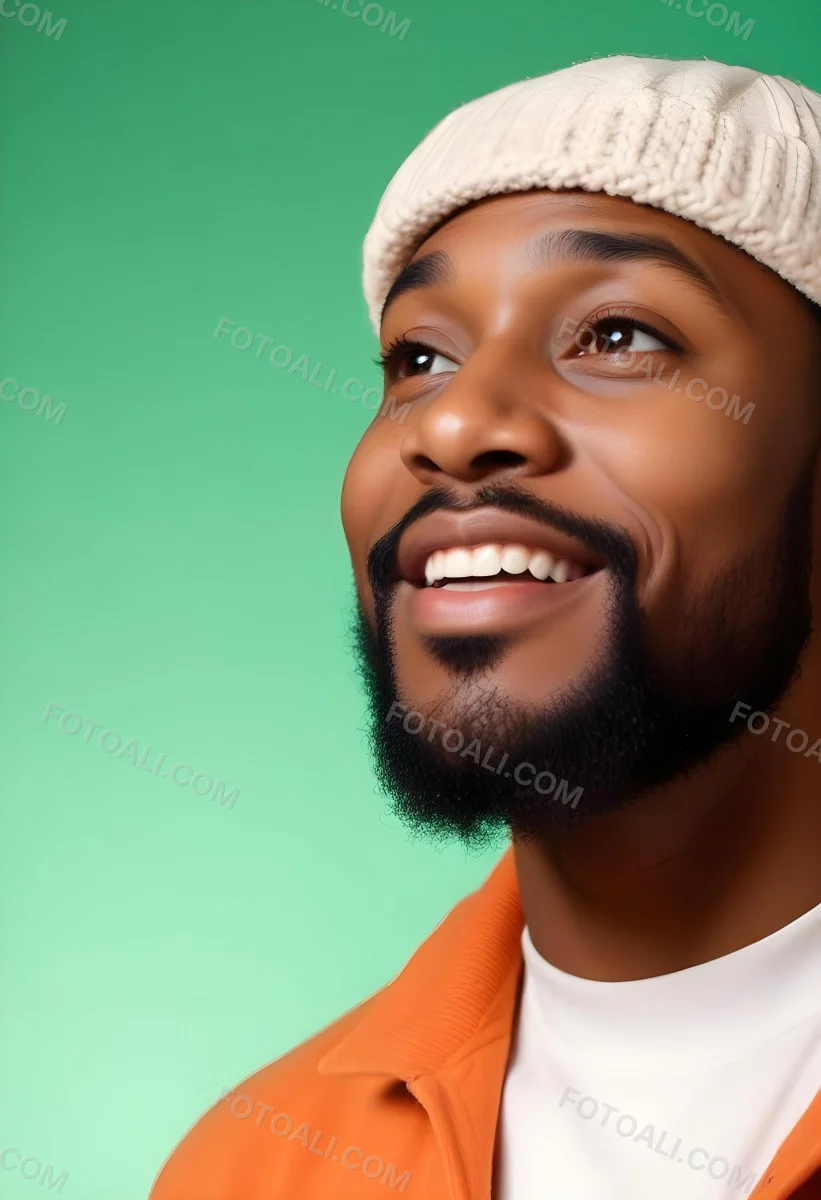 A Black Man 35 Years Old With A Beard And A Green Hat Looking To The Right On A Black Background 20 Ed40
