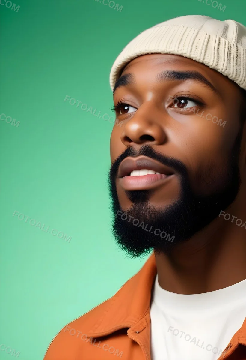 A Black Man 35 Years Old With A Beard And A Green Hat Looking To The Right On A Black Background 24 6727