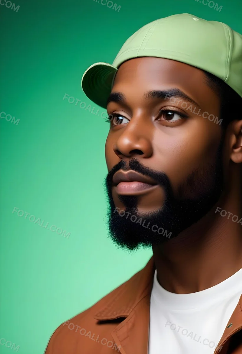 A Black Man 35 Years Old With A Beard And A Green Hat Looking To The Right On A Black Background 27 Cb8f