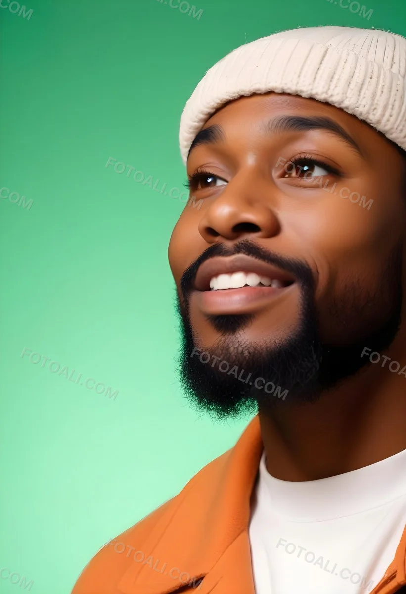 A Black Man 35 Years Old With A Beard And A Green Hat Looking To The Right On A Black Background 4 4612