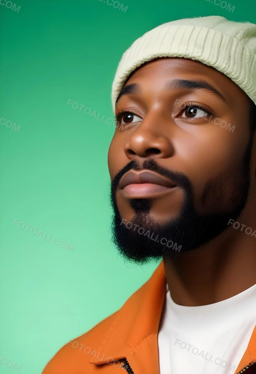 A Black Man 35 Years Old With A Beard And A Green Hat Looking To The Right On A Black Background 6 0e62