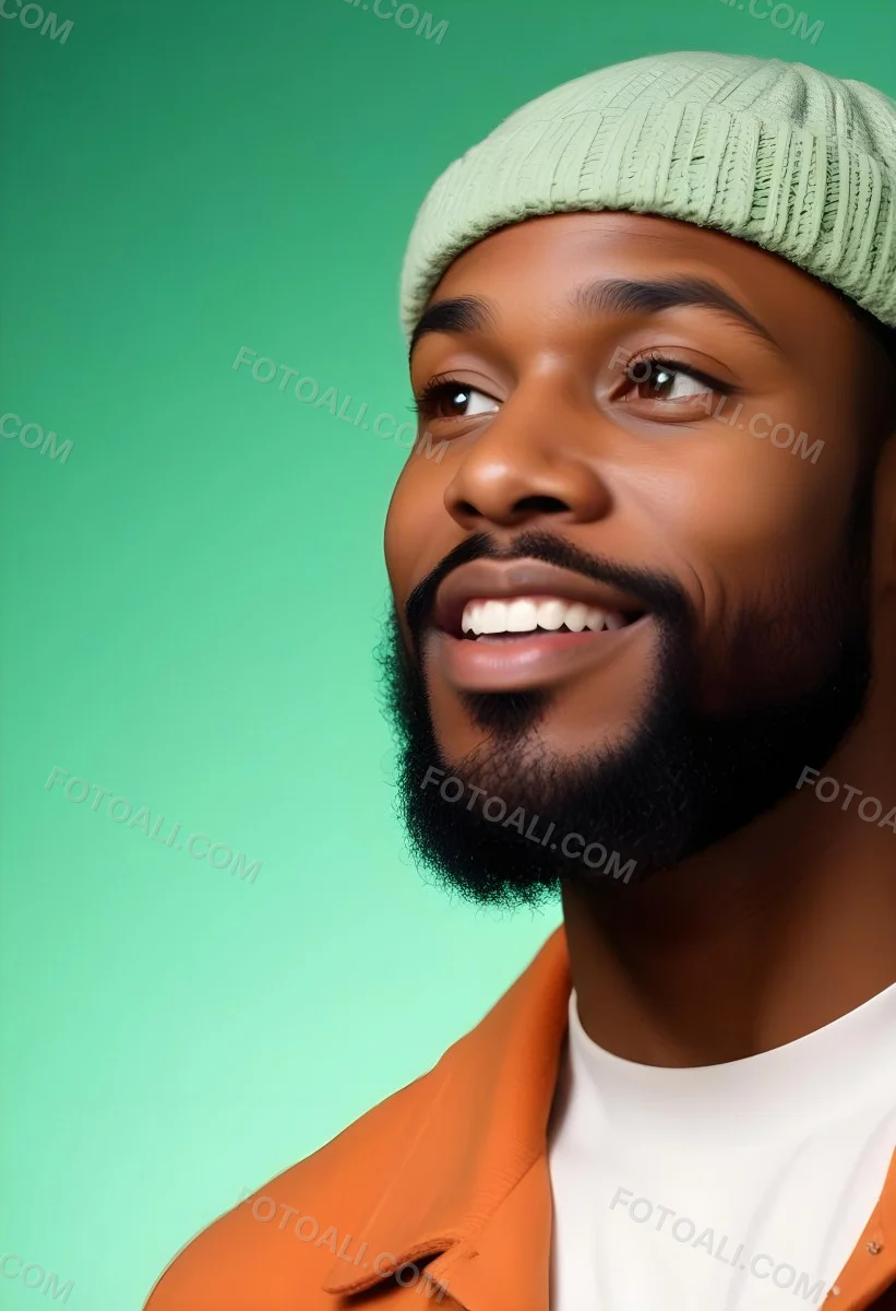 A Black Man 35 Years Old With A Beard And A Green Hat Looking To The Right On A Black Background 7 Ddcf