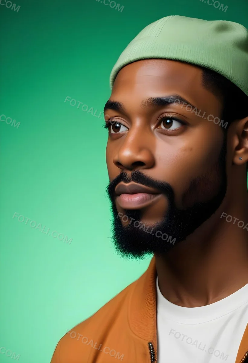 A Black Man 35 Years Old With A Beard And A Green Hat Looking To The Right On A Black Background 8 E370