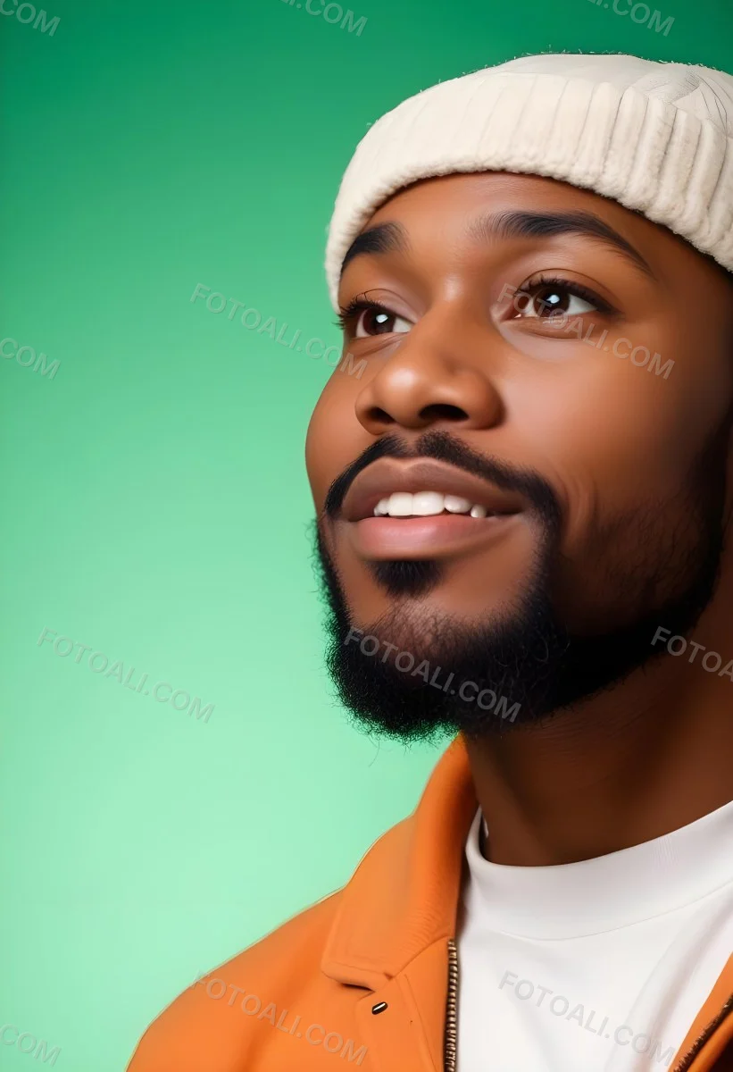 A Black Man 35 Years Old With A Beard And A Green Hat Looking To The Right On A Black Background 9 6be5