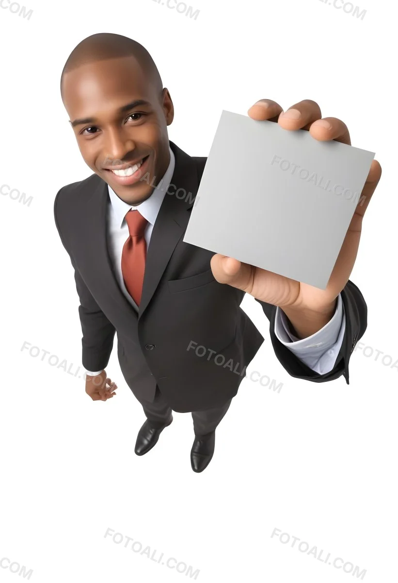 A Black Man In A Business Suit Approximately 30 Years Old With Short Hair And A Friendly Smile He Is Holding A Blank Gray Square In Front Of Him The Background Is Plain White Emphasizing The Subject 19 22fd