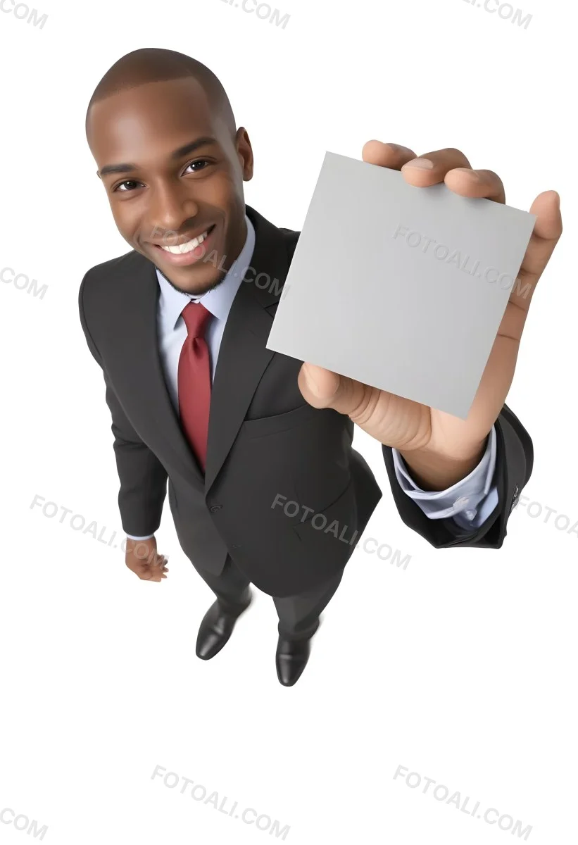 A Black Man In A Business Suit Approximately 30 Years Old With Short Hair And A Friendly Smile He Is Holding A Blank Gray Square In Front Of Him The Background Is Plain White Emphasizing The Subject 2 B582