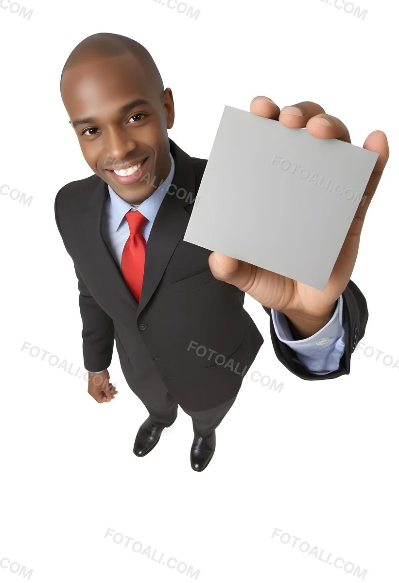 A Black Man In A Business Suit Approximately 30 Years Old With Short Hair And A Friendly Smile He Is Holding A Blank Gray Square In Front Of Him The Background Is Plain White Emphasizing The Subject 20 3be4
