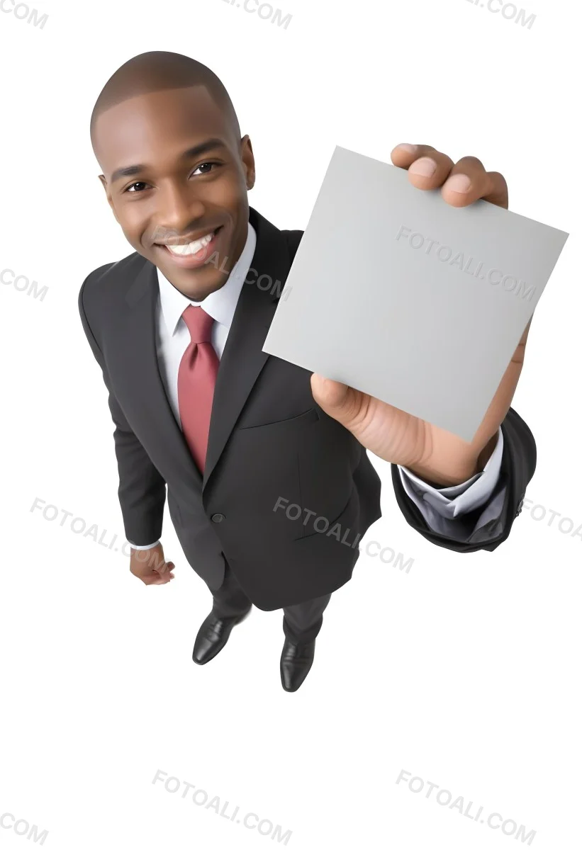 A Black Man In A Business Suit Approximately 30 Years Old With Short Hair And A Friendly Smile He Is Holding A Blank Gray Square In Front Of Him The Background Is Plain White Emphasizing The Subject 22 4771