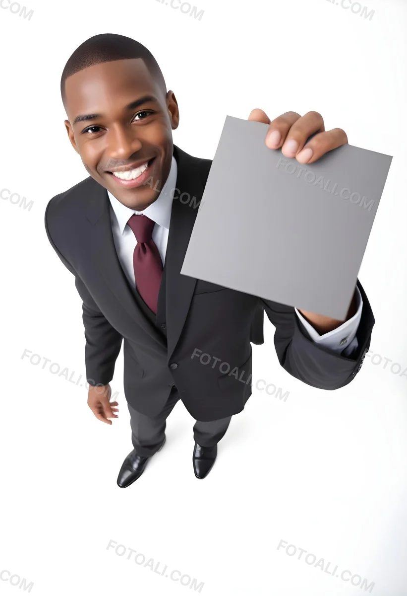 A Black Man In A Business Suit Approximately 30 Years Old With Short Hair And A Friendly Smile He Is Holding A Blank Gray Square In Front Of Him The Background Is Plain White Emphasizing The Subject 23 3b72