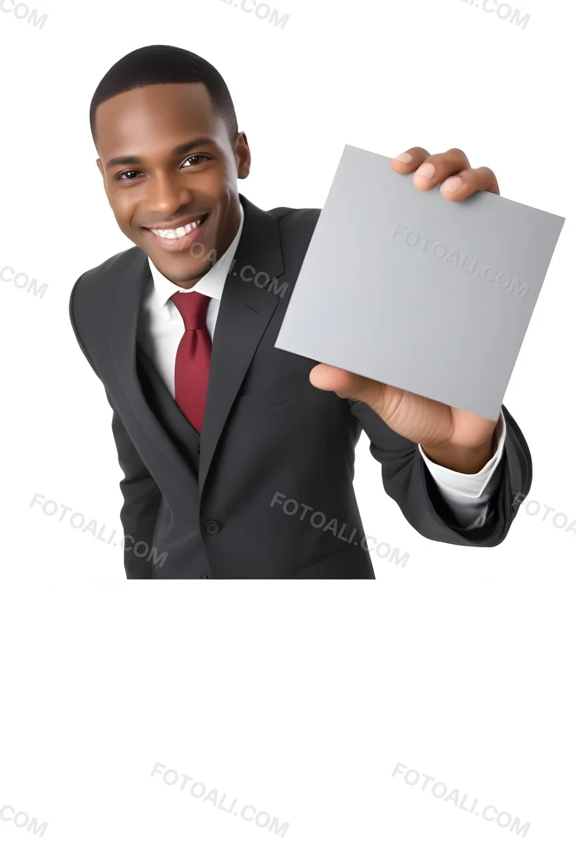 A Black Man In A Business Suit Approximately 30 Years Old With Short Hair And A Friendly Smile He Is Holding A Blank Gray Square In Front Of Him The Background Is Plain White Emphasizing The Subject 24 5aa5
