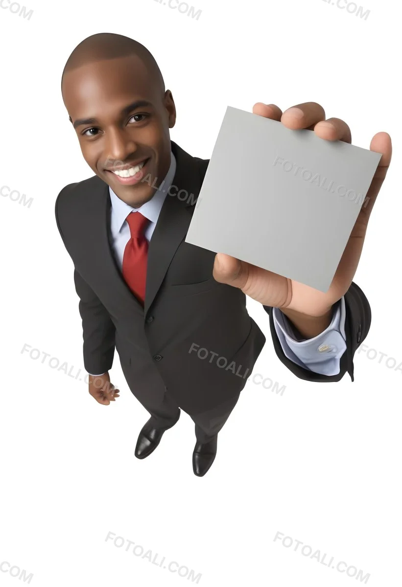 A Black Man In A Business Suit Approximately 30 Years Old With Short Hair And A Friendly Smile He Is Holding A Blank Gray Square In Front Of Him The Background Is Plain White Emphasizing The Subject 3 670a