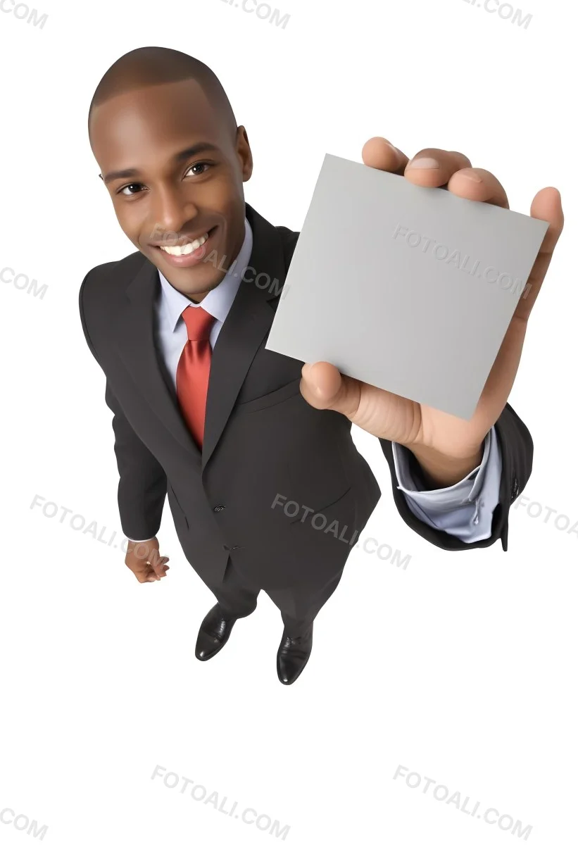 A Black Man In A Business Suit Approximately 30 Years Old With Short Hair And A Friendly Smile He Is Holding A Blank Gray Square In Front Of Him The Background Is Plain White Emphasizing The Subject 9 6ce6