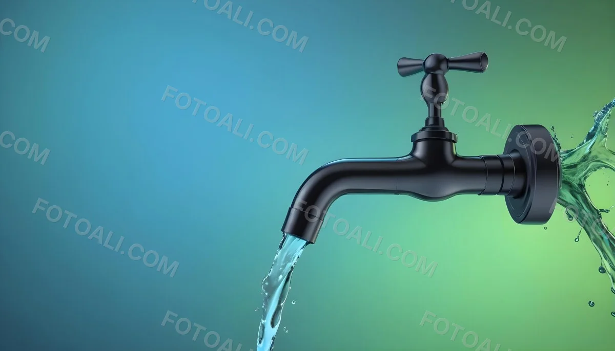 A Black Metal Faucet With Water Flowing Out Of It Gradient Background With Blue And Green Colors Clean And Simple Design Modern Style 20 8602
