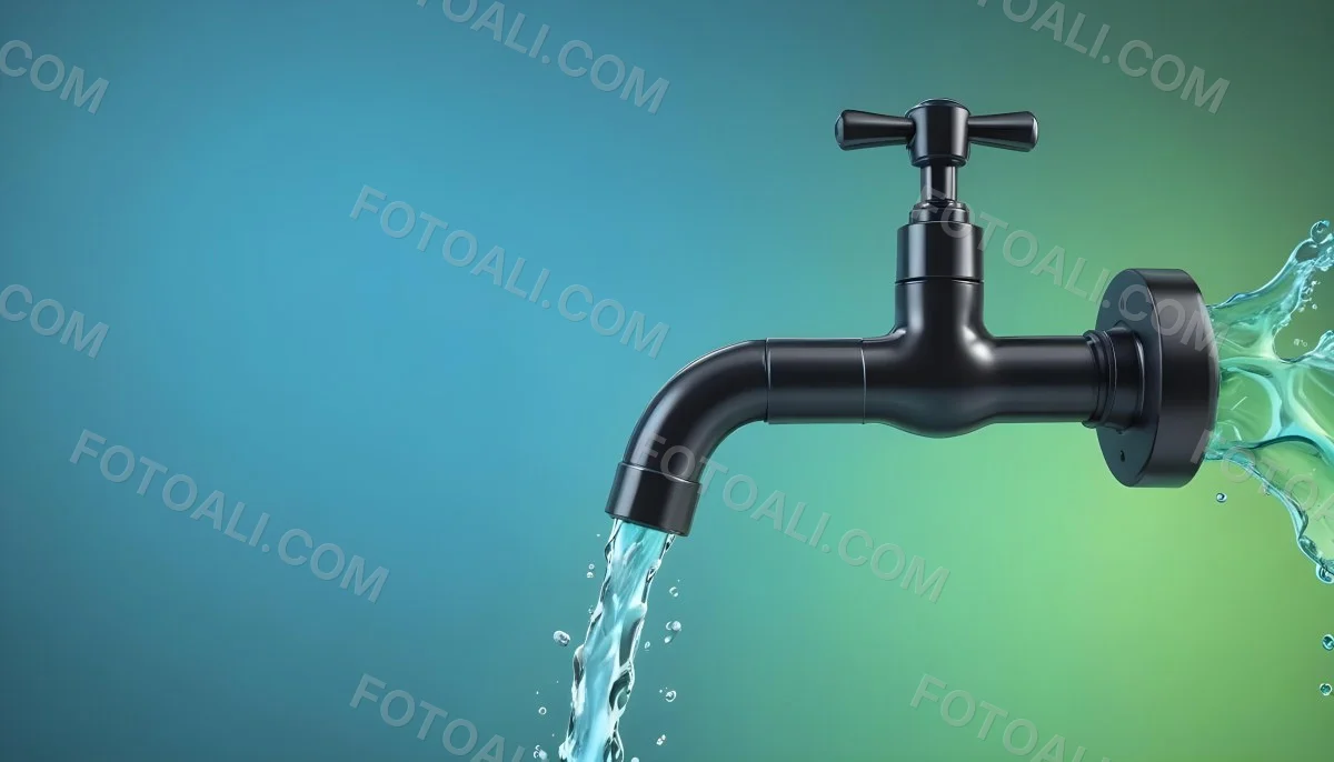 A Black Metal Faucet With Water Flowing Out Of It Gradient Background With Blue And Green Colors Clean And Simple Design Modern Style 36 7c93
