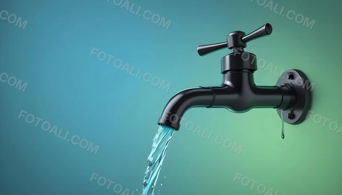 A Black Metal Faucet With Water Flowing Out Of It Gradient Background With Blue And Green Colors Clean And Simple Design Modern Style 37 B448