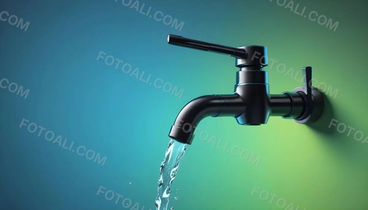 A Black Metal Faucet With Water Flowing Out Of It Gradient Background With Blue And Green Colors Clean And Simple Design Modern Style 41 D1e8