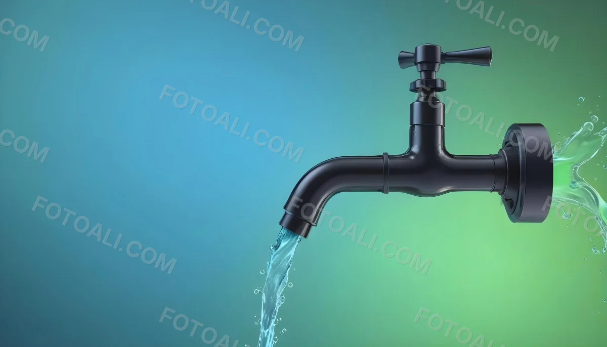 A Black Metal Faucet With Water Flowing Out Of It Gradient Background With Blue And Green Colors Clean And Simple Design Modern Style 44 Bff0