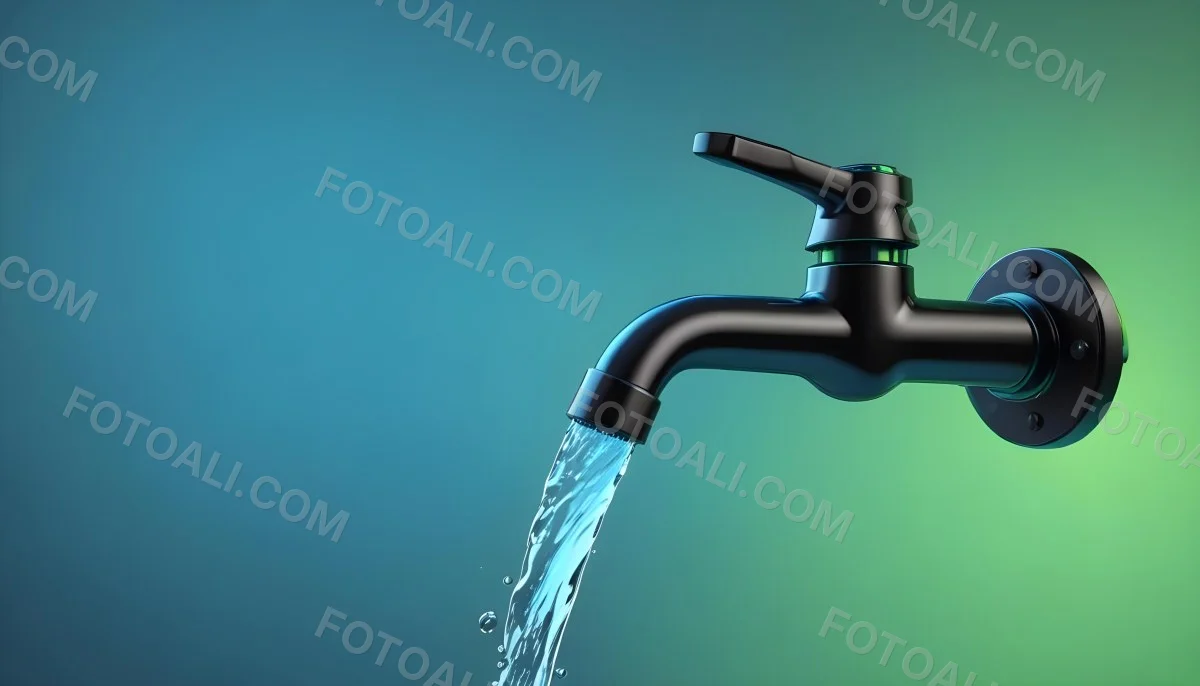 A Black Metal Faucet With Water Flowing Out Of It Gradient Background With Blue And Green Colors Clean And Simple Design Modern Style 5 21a0
